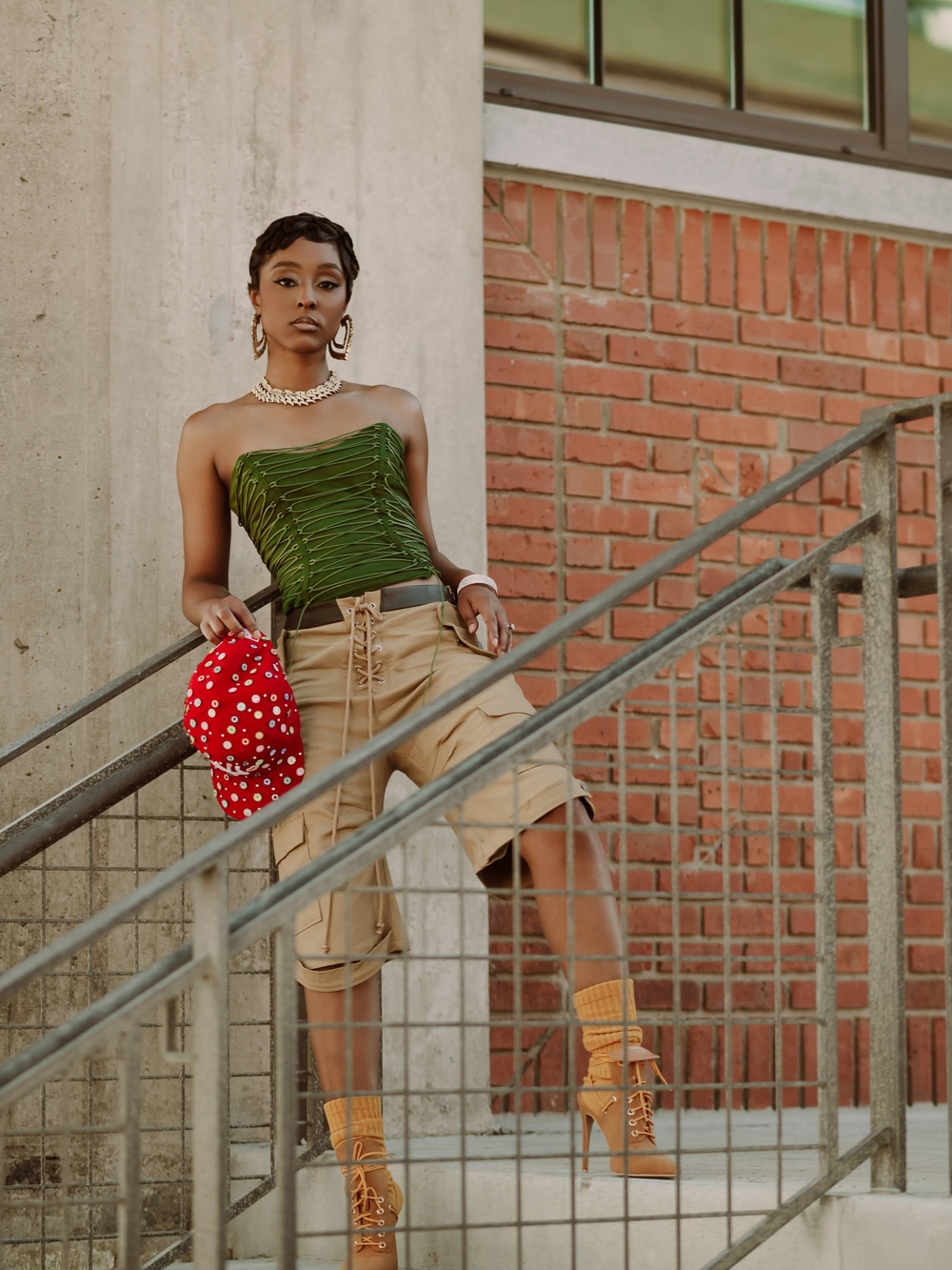 Women’s Olive Green Ruched Tube Top & Khaki Cargo Shorts Outfit